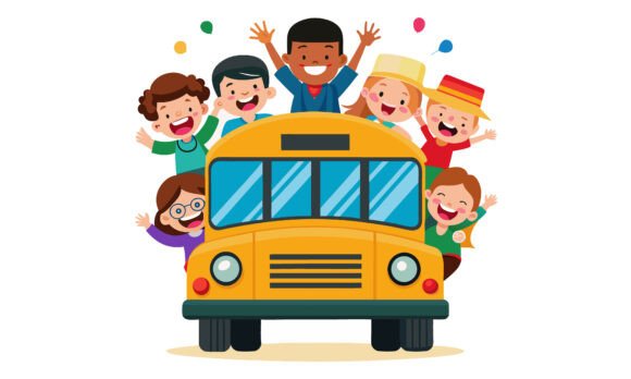 Happy Children Riding the School Bus Embroidery Design
